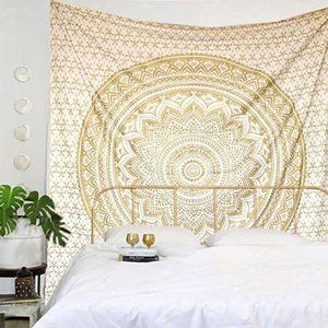 Original Gold Mandala  Wall Hanging, Boho Bohemian  Indian Cotton Dorm Decor
